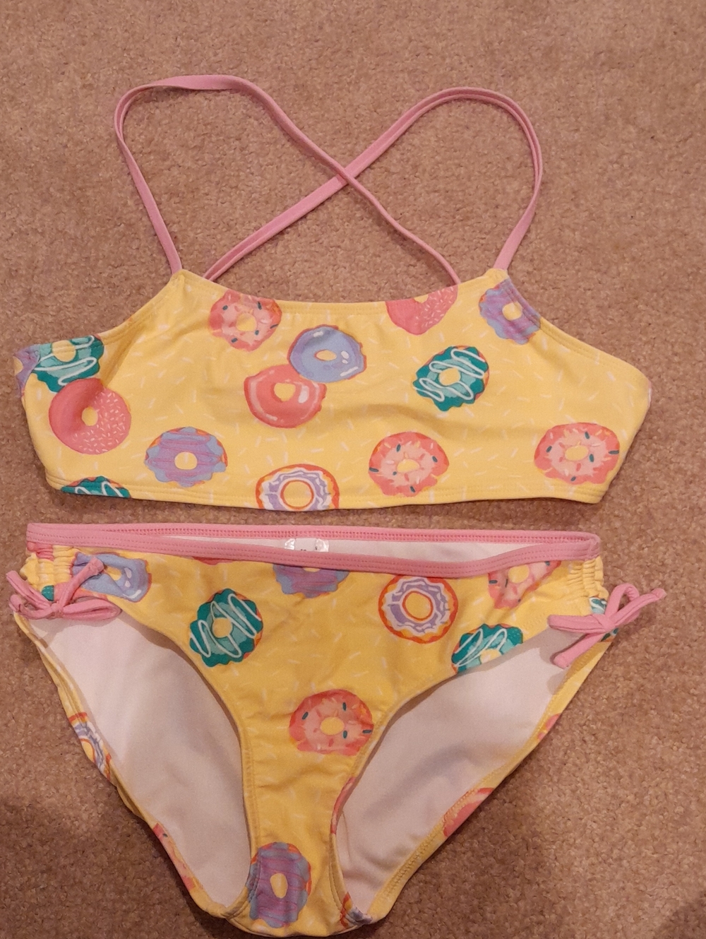 Girls' Crown & Ivy Size 14 Yellow Donut Print Bikini Swim Set with Pink Straps